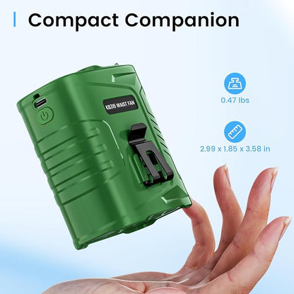 KIBEE Rechargeable Wearable Waist Fan, 12500RPM Strong Airflow with LED Light, 5 Speeds, 29H Long Lasting for Jobsite, Farm & Hiking