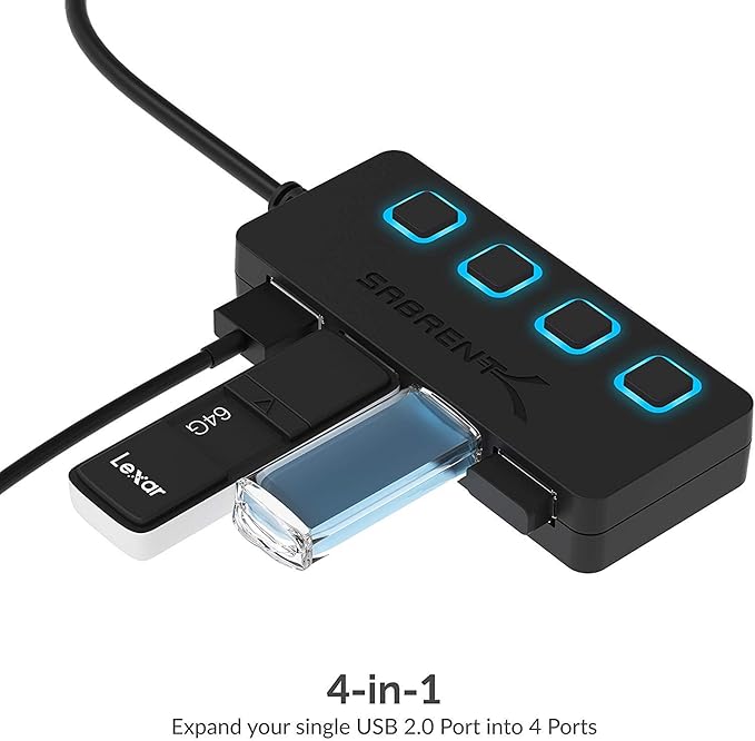 SABRENT 4 Port USB 2.0 Data Hub with Individual LED lit Power Switches [Charging NOT Supported] for Mac & PC (HB-UMLS)