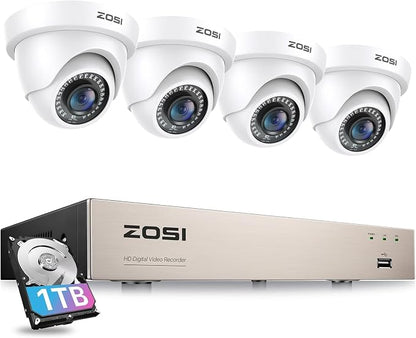 ZOSI 3K Lite Security Camera System with 1TB Hard Drive,AI Human/Vehicle Detection,Night Vision,H.265+ 8Channel HD TVI DVR Recorder,4pcs 1080P HD 1920TVL Indoor Outdoor Surveillance CCTV Dome Cameras