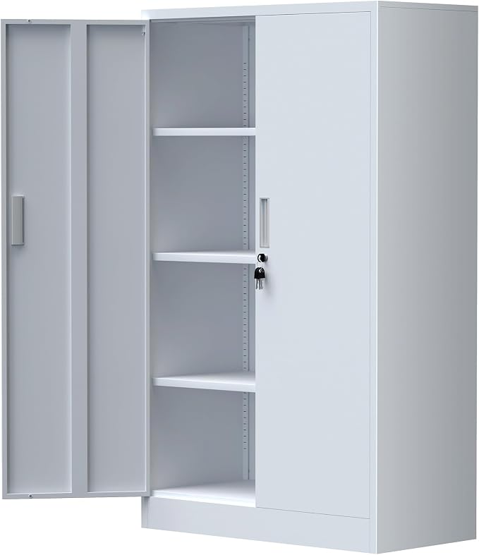 Metal Storage Cabinet with Locking Doors and 3 Adjustable Shelves, Lockable Storage Cabinets for Home Office Garage Kitchen Pantry (White)