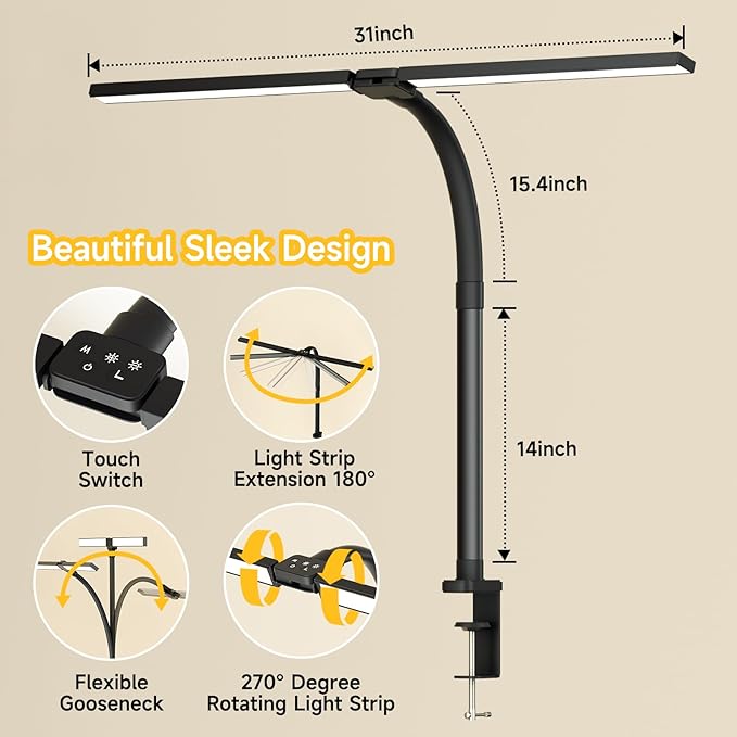 SKYLEO Desk Lamp - Double Head LED Desk Light for Home office - 24W Eye Caring - Touch Control - 5 Color Modes X 11 Brightness Levels - 2400LM - Timmer & Memory Function - Black
