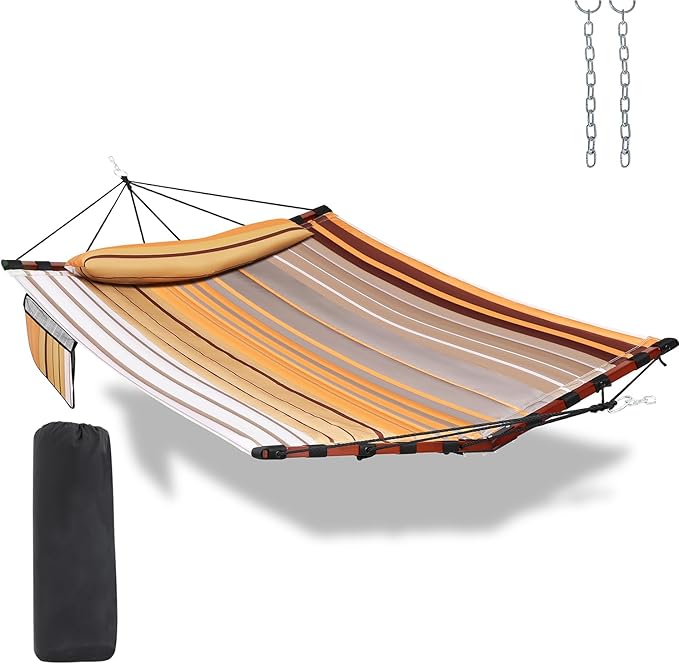 TegerDeger 12FT 2 Person Hammock Large Hammock 450LB Capacity with V Shaped Hardwood Spreader Bar & Nylon Rope for Outside, Patio, Garden, Backyard, Beach, Poolside - Fall Yellow Stripes
