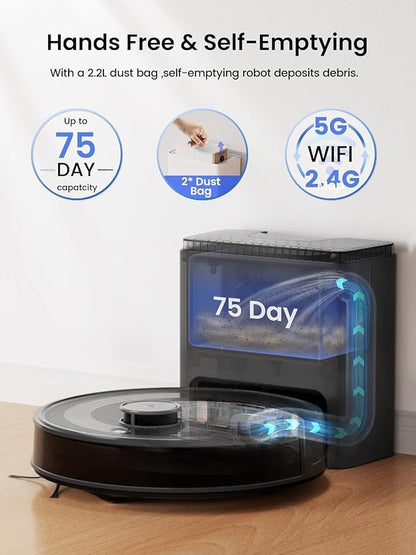 Lefant Robot Vacuum and Mop Combo,75-Days Self-Emptying,6000Pa Powerful Scution,Multi-Floor Mapping, No-Go Zones,140 Min Runtime,2.4G/5G WiFi/Alexa/APP/iWatch, M2 Plus Black