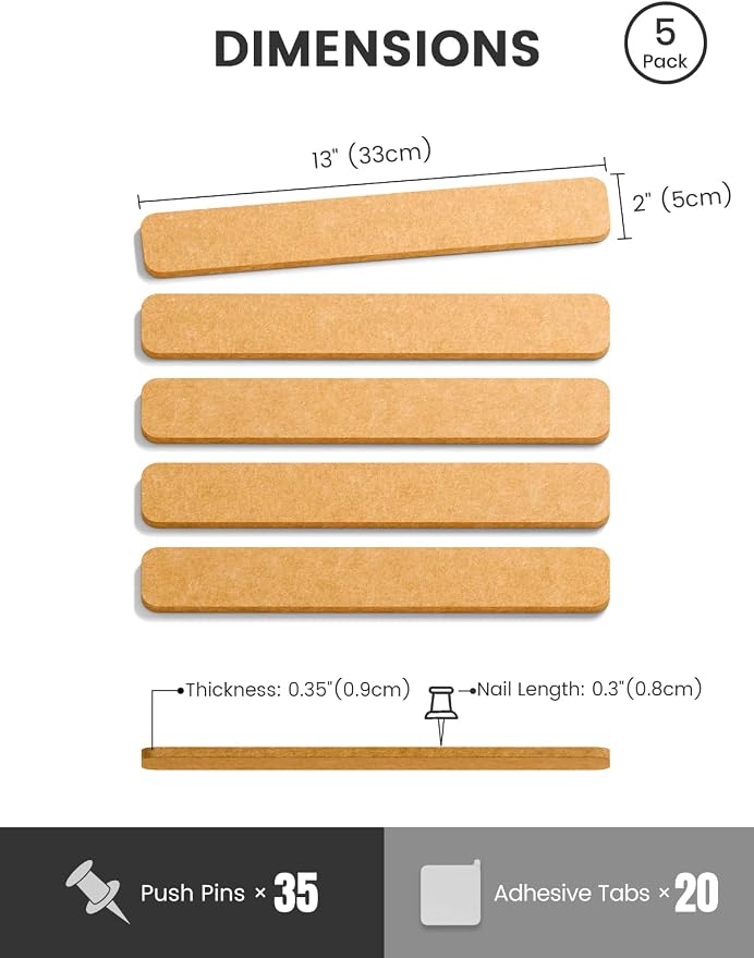 Fluxynara 13" x 2" Felt Wall Panels, Sunset Yellow | 5-Pack Cork Board Alternative with 35 Push Pins, Adhesive Mounting for Bedroom Door or Home Office