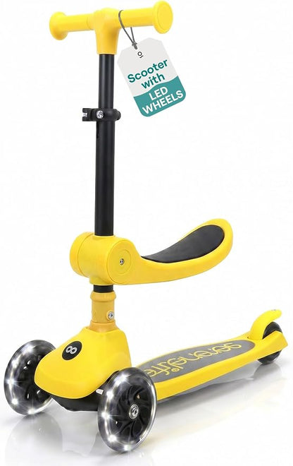 SereneLife 3 Wheel Scooter for Toddlers & Kids, Foldable Seat, LED Wheels, Adjustable Handlebar, Anti-Slip Deck, Rear Foot Brake, Lean-to-Steer, Kid Scooter Ages 18M–7Y, Supports up to 110 lbs, Yellow