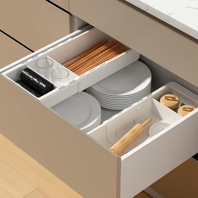 Sliding Drawer Tray with Adjustable Dividers, Expandable Kitchen Storage Organizer, Sliding Drawer Bin, Expandable Drawer Organizer, 2 PCS Drawer Organizer Trays For Utensils, Flatware, Junks