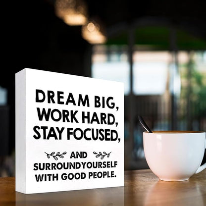 Motivational Wood Box Sign Desk Decor,Dream Big Work Hard Stay Focused Wood Plaque Signs,Rustic Positive Wooden Block Sign Decor for Office Workplace Classroom Shelf Table Decoration C1077