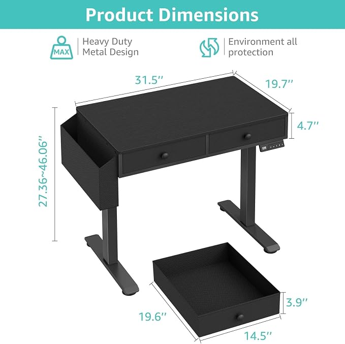 KLUVIS Electric Standing Desk with Drawers - 32 Inch Small Black Height Adjustable Sit Stand Desk with Storage for Home Office Bedroom, Study Writing Compact Stand up Computer Desks for Boys Girl Work