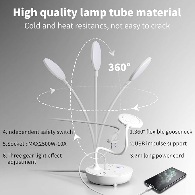 Bodun Small Bedside Lamp for Table Lamp Bedroom Desk Lamp with Dual USB Charging Port and AC Outlet Office Reading Light Adjustable Gooseneck Working White LED Lamp