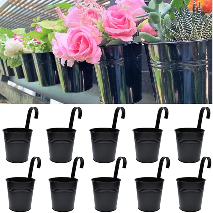 LaLaGreen Railing Planter 10 Pack, 6 Inch Hanging Flower Pot Black, Outdoor Large Metal Iron Fence Bucket, Balcony Garden Wall Deck Porch Patio Rail Decor Hanger Hook Farmhouse Balcony 6'''' (15cm)