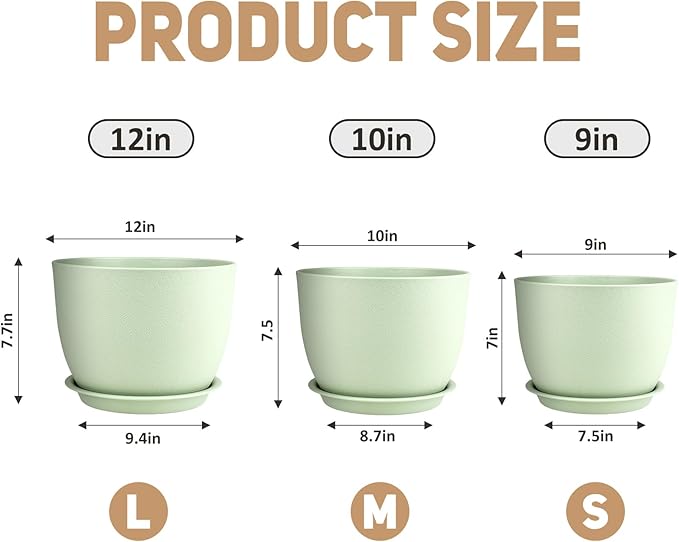 Plant Pots 12/10/9 inch Set of 3, Flower Pots with Multi Mesh Drainage Holes, Large Planters for Indoor Outdoor Garden Plants and Flowers. (Green)