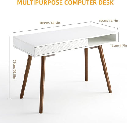 GAOMON Modern Home Office Writing Desk, 42 Inch Computer Table Desk with Drawers, Simple Mid Century Modern Desk, White