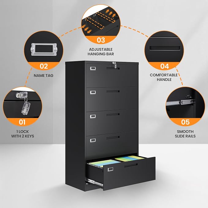 5 Drawer File Cabinets for Home Office, Metal Filing Cabinet with Lock, Black Locking File Caninet Five Drawer, Office Storage Caninets Steel Cabnet for Letter/Legal/A4/F4-Assembly Required