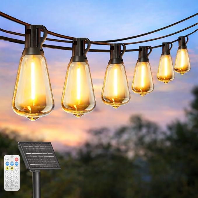 Solar String Lights Outdoor Waterproof with Remote & Timer, LED Shatterproof ST38 Bulbs, USB & Solar Powered Patio Lights for Backyard, Porch, Garden, Wedding, Christmas Decor (25FT)