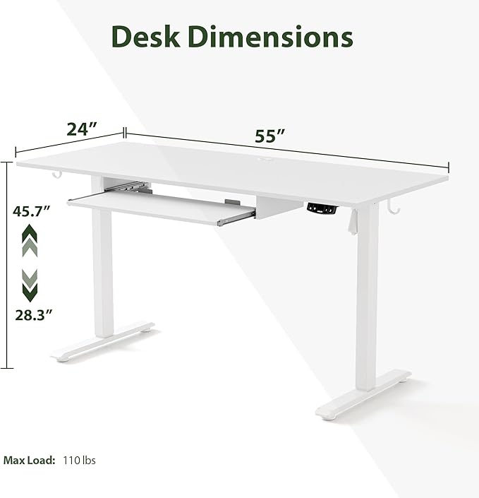 Height Adjustable Desk with Keyboard Tray, 55 x 24 Inches Electric Standing Desk, Stand up Computer Table with Memory Preset, Modern Lift Motorized Gaming Workstation, White