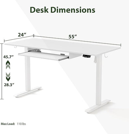 Height Adjustable Desk with Keyboard Tray, 55 x 24 Inches Electric Standing Desk, Stand up Computer Table with Memory Preset, Modern Lift Motorized Gaming Workstation, White