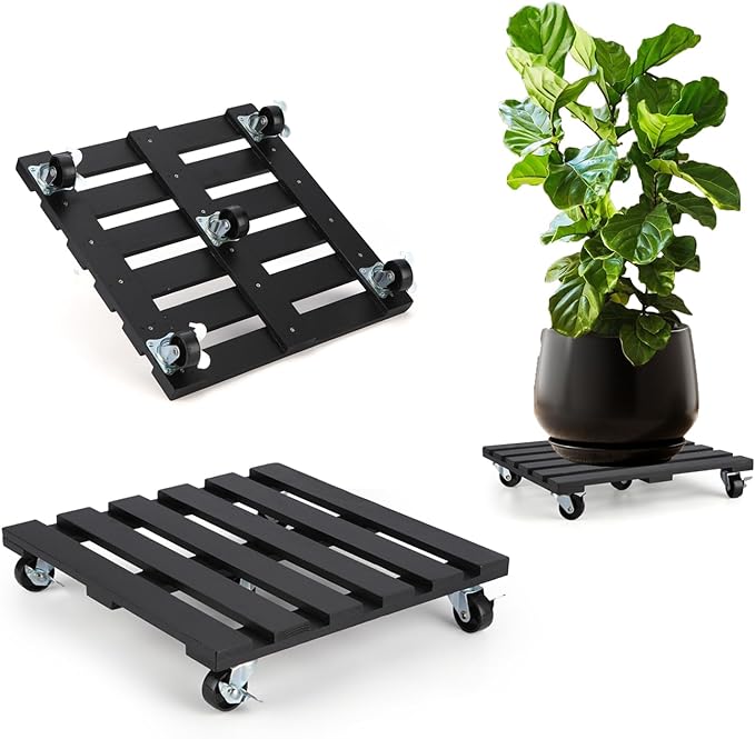 2 Pack Plant Stand with Wheels, 12" Rolling Plant Stand 264 LBS Heavy Duty Wooden Square Plant Caddy with Metal 360° Lockable Caster Wheels for Outdoor Indoor Large Plant Pots, Flower Pot, Patio-Black