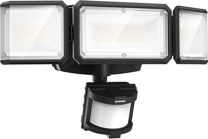 LEPOWER Battery Powered LED Flood Light Outdoor,1500LM Motion Sensor Security Lights, IP65 Waterproof,Wireless Flood Light Battery Operated,3 Head Motion Detector Light for Garage,Yard,Porch(Black)