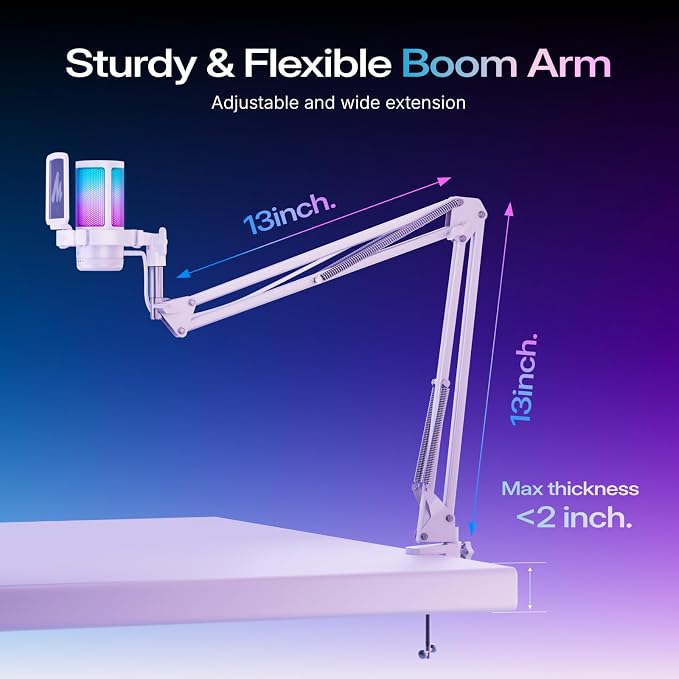 MAONO DGM20S USB Microphone for PC with Clear Voice & Noise Reduction | RGB Lighting, Tap-to-Mute, Gain Control, Monitoring and Boom Arm for Discord Gaming, Streaming, Content Creation.White