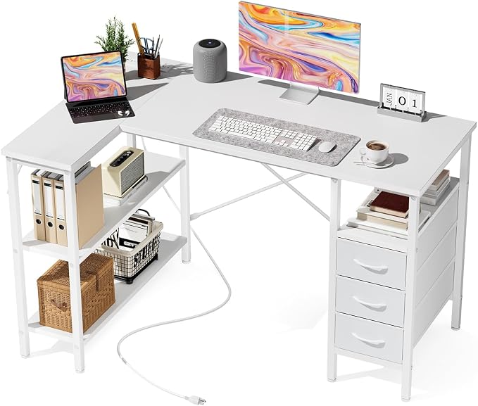 DUMOS L Shaped Desk with Drawers, Gaming Desk, 47 Inch | Power Outlet, Study Table, Adjustable Shelves, Home Office, Corner Computer Workstation, Bedroom, White