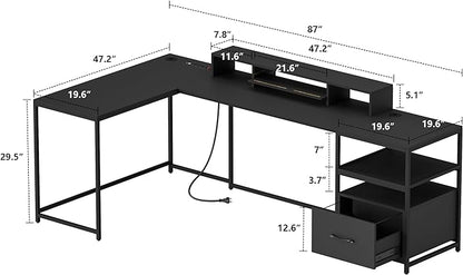 L Shaped Desk - 87" L Shaped Gaming Desk with Power Outlet & Monitor Shelf, Home Office Corner Computer Desk with Printer Shelf & File Drawer, Black