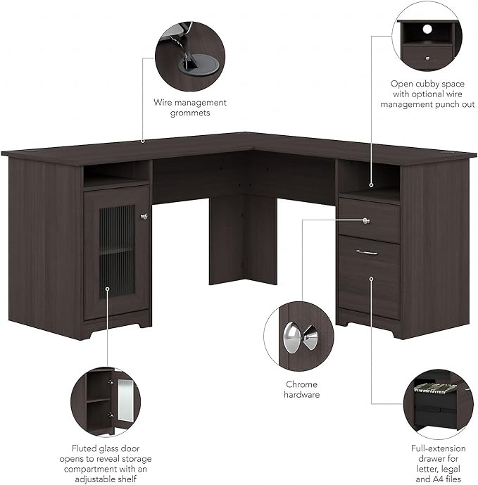 Bush Furniture Cabot L Shaped Computer Desk in Heather Gray | Corner Table with Drawers for Home Office