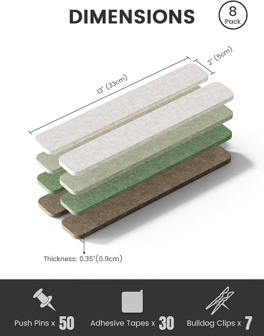 Fluxynara 13" x 2" Felt Wall Panels, Moss Haven | 8-Pack Includes 50 Push Pins and Adhesive Tabs for Photos, Notes and Decor in Bedroom Doors, Home Office or Studios