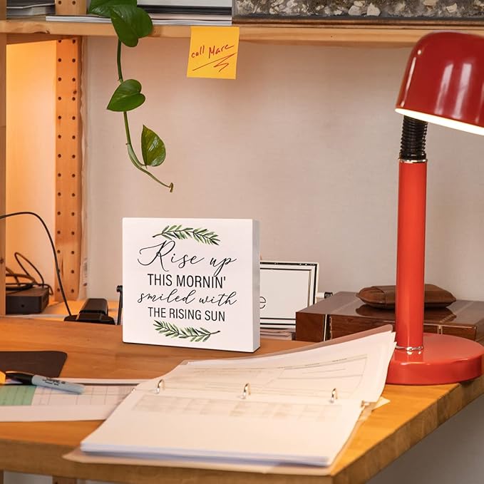 Home Office Desk Wooden Box Sign Decor, Rise Up This Mornin' Smiled with The Rising Sun, Inspirational Quotes Desk Decor Motivational Desk Decorations for Women Men Student Office Classroom School
