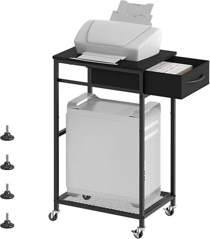 CADUKE 2 Tier PC Stand - Black Computer Tower Stand with Fabric Drawer, Modern Printer Stand with Wheels, Under Desk for Office & Study Room