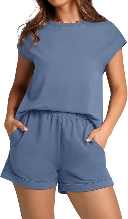 WIHOLL 2 Piece Sets for Women Casual Summer Travel Vacation Outfits Cap Sleeve Shorts Lounge Set