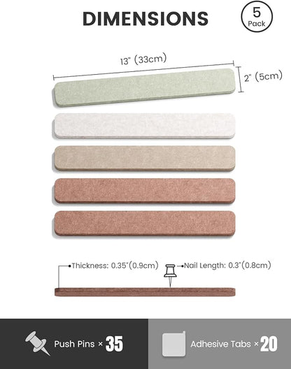 Fluxynara 13" x 2" Felt Wall Panels, Boho | 5-Pack Cork Board Alternative with 35 Push Pins, Adhesive Mounting for Bedroom Door or Home Office