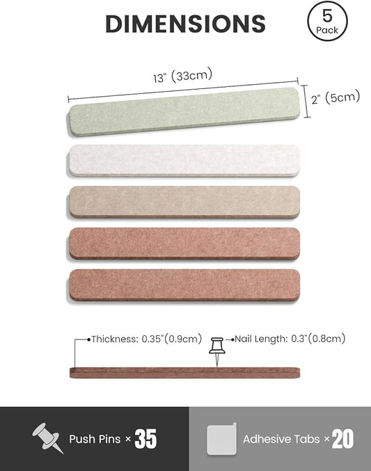 Fluxynara 13" x 2" Felt Wall Panels, Boho | 5-Pack Cork Board Alternative with 35 Push Pins, Adhesive Mounting for Bedroom Door or Home Office