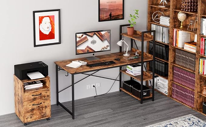IRONCK Computer Desk 47" with Power Outlet and Storage Shelves,Rustic Brown | Study Writing Table with USB Ports Charging Station, PC Desk Workstation for Home Office