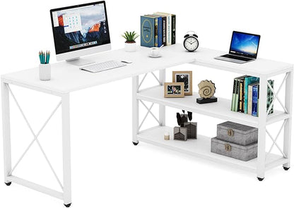 Tribesigns Reversible Industrial L-Shaped Desk with Storage Shelves, Corner Computer Desk PC Laptop Study Table Workstation for Home Office Small Space (White, 59")