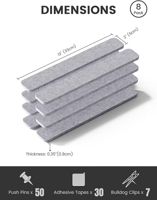 Fluxynara 13" x 2" Felt Wall Panels, Soft Gray | 8-Pack Includes 50 Push Pins and Adhesive Tabs for Photos, Notes and Decor in Bedroom Doors, Home Office or Studios