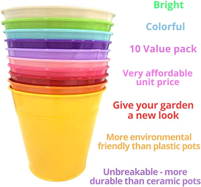 LaLaGreen Hanging Planters Outdoor -10 Pack, 6 Inch Colorful Large Metal Flower Pot, Balcony Planters Railing Hanging Herb Garden Iron Hanging Plant Buckets for Fence Rail Deck Porch Outside Wall
