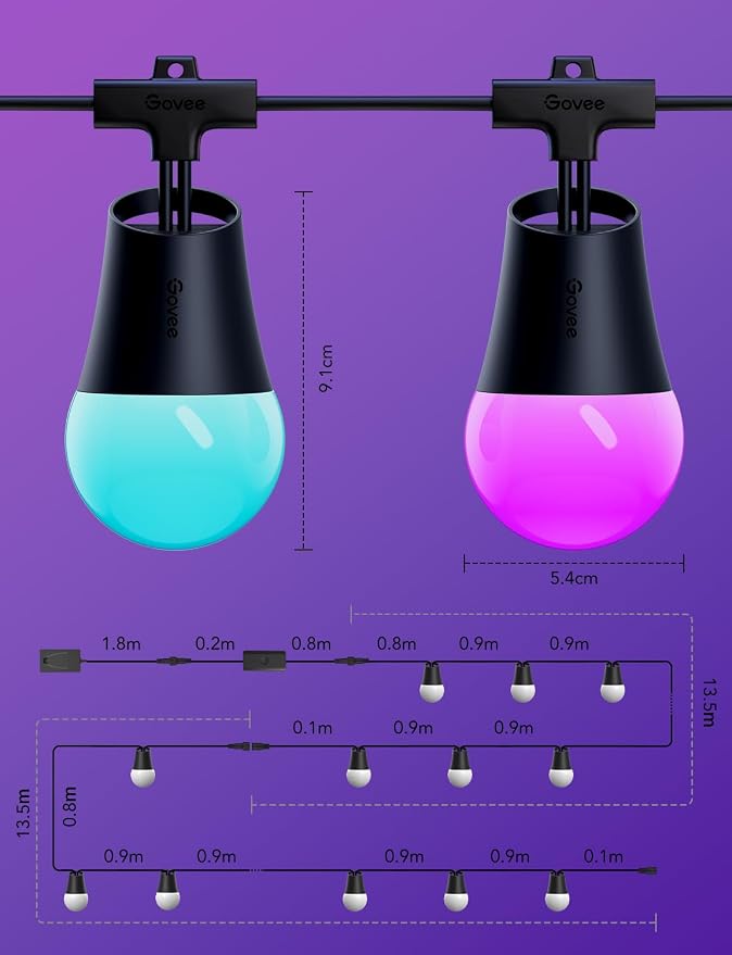 Govee Smart Outdoor String Lights 2, 96ft RGBIC Patio Lights with 30 Bulbs | Dimmable Warm White LED Bulbs, IP65 Waterproof, 47 Scene Modes for Backyard, Balcony, Work with Alexa, App Control