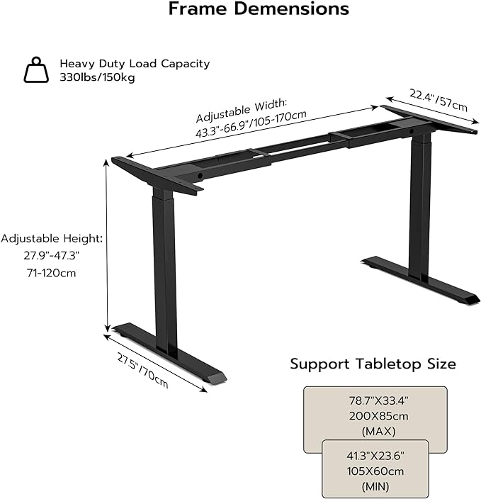Heavy-Duty Dual Motor Standing Desk Frame Adjustable Height Sit Stand Desk Leg for Home and Office DIY (Black Frame Only)