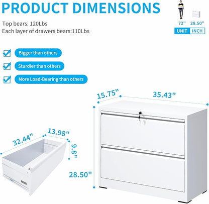 2 Drawer Lateral File Cabinet with Lock, Metal Lateral Filing Cabinet for Home Office, Steel Wide Horizontal Filing Cabinets for Letter/Legal/A4/F4 Hanging Files (White)