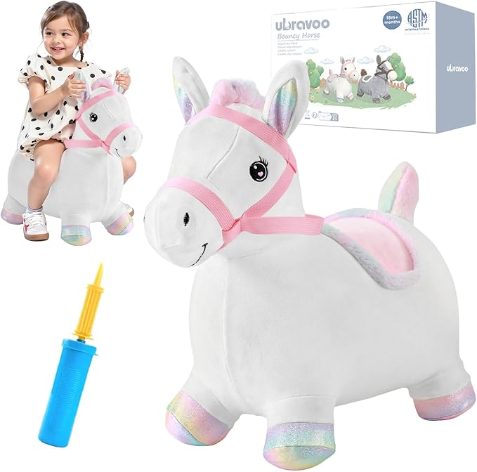 Hopper Toy 2 Year Old Boy, Toddler Plush Bounce Animals, Ride on Bouncing Plush Inflatable Horse, Outdoor Indoor Hopping Horse Bouncer, Birthday Gifts for 18m -5 Years Old Kid (White)