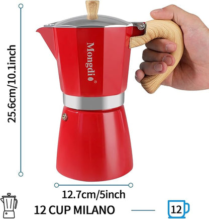 Mongdio Stovetop Espresso Maker Moka Pot, Cuban Coffee Maker Stove top coffee maker Moka Italian Espresso Greca Coffee Maker Brewer Percolator, 12 Espresso Cups, 20 oz - Red