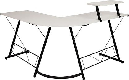 Flash Furniture Ginny Corner Desk - White/Black Space Saving L-Shaped Gaming Desk with Monitor Shelf - 71.5" 2-Tier Computer Desk, Home Office Desk, Easy Assembly