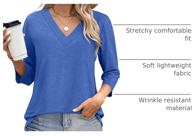WIHOLL Womens Tops 3/4 Length Sleeve V Neck Casual Tunic Tops Basic Shirts Loose Fit Blouse