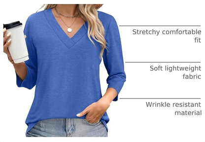 WIHOLL Womens Tops 3/4 Length Sleeve V Neck Casual Tunic Tops Basic Shirts Loose Fit Blouse