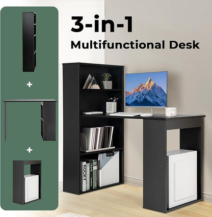 Giantex 48 Inch Computer Desk with Bookshelf, 3-in-1 Home Office Desk with 4-Tier Bookcase & CPU Stand, Space-Saving Reversible Writing Desk Work Table for Bedroom, Study Room, Office (Black)