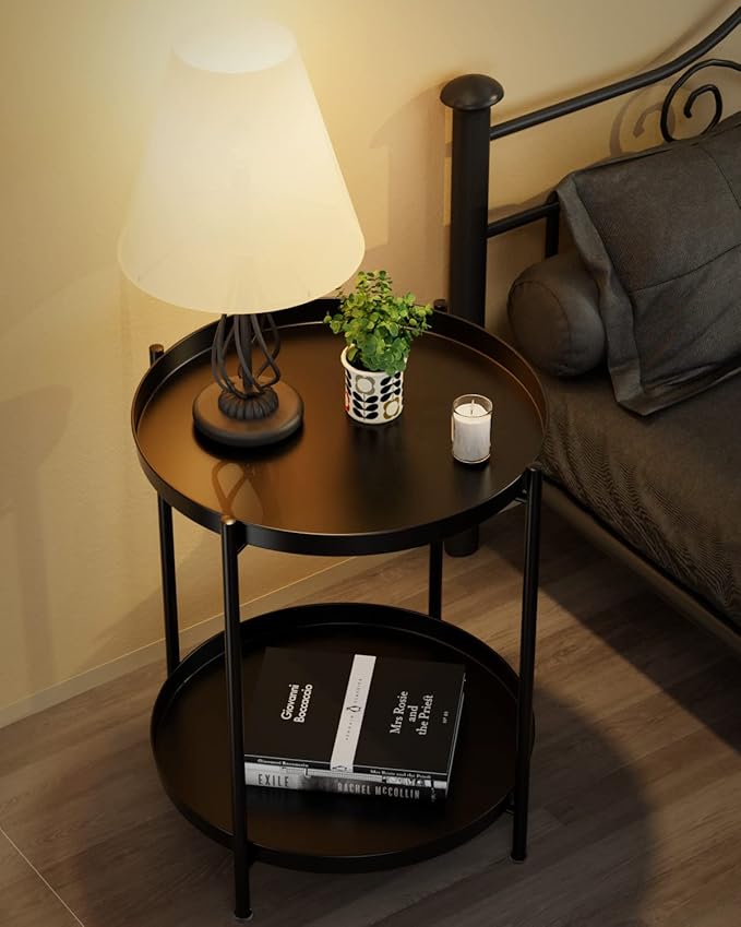 EKNITEY 2 Tier End Table - Metal Side Table Waterproof Small Sofa Coffee Side Tables Bedroom Indoor Outdoor with Removable Tray for Living Room Bedroom Balcony and Office (Black)