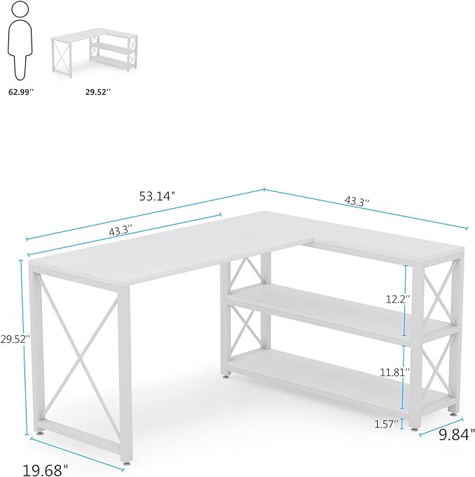 Tribesigns Reversible Industrial L-Shaped Desk with Storage Shelves, Corner Computer Desk PC Laptop Study Table Workstation for Home Office Small Space (White, 53")