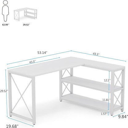 Tribesigns Reversible Industrial L-Shaped Desk with Storage Shelves, Corner Computer Desk PC Laptop Study Table Workstation for Home Office Small Space (White, 53")