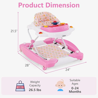 INFANS Baby Walker, 5 in 1 Behind Walker Learning Seated Rocker Bouncer with Removable Music Tray, Adjustable Height, Washable Seat Cushion, Foldable Activity Center for Toddlers (Pink)