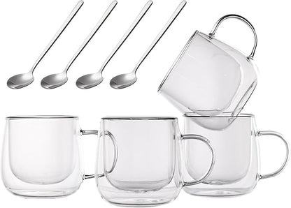 Double Wall Glass Coffee Mugs 10 Oz with Handle - Set of 4 | Insulated Clear Espresso Coffee Mug with Handle, Double Walled Coffee Cups for Cappuccino, Latte, Tea, Hot Drinks